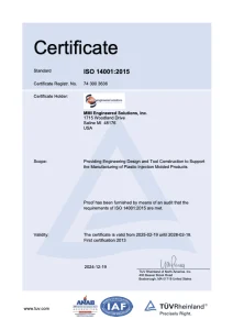 ISO 14001:2015 certificate for MMI Engineered Solutions in Saline, MI. Valid from February 19, 2025, to February 18, 2028. Issued by TÜV Rheinland.