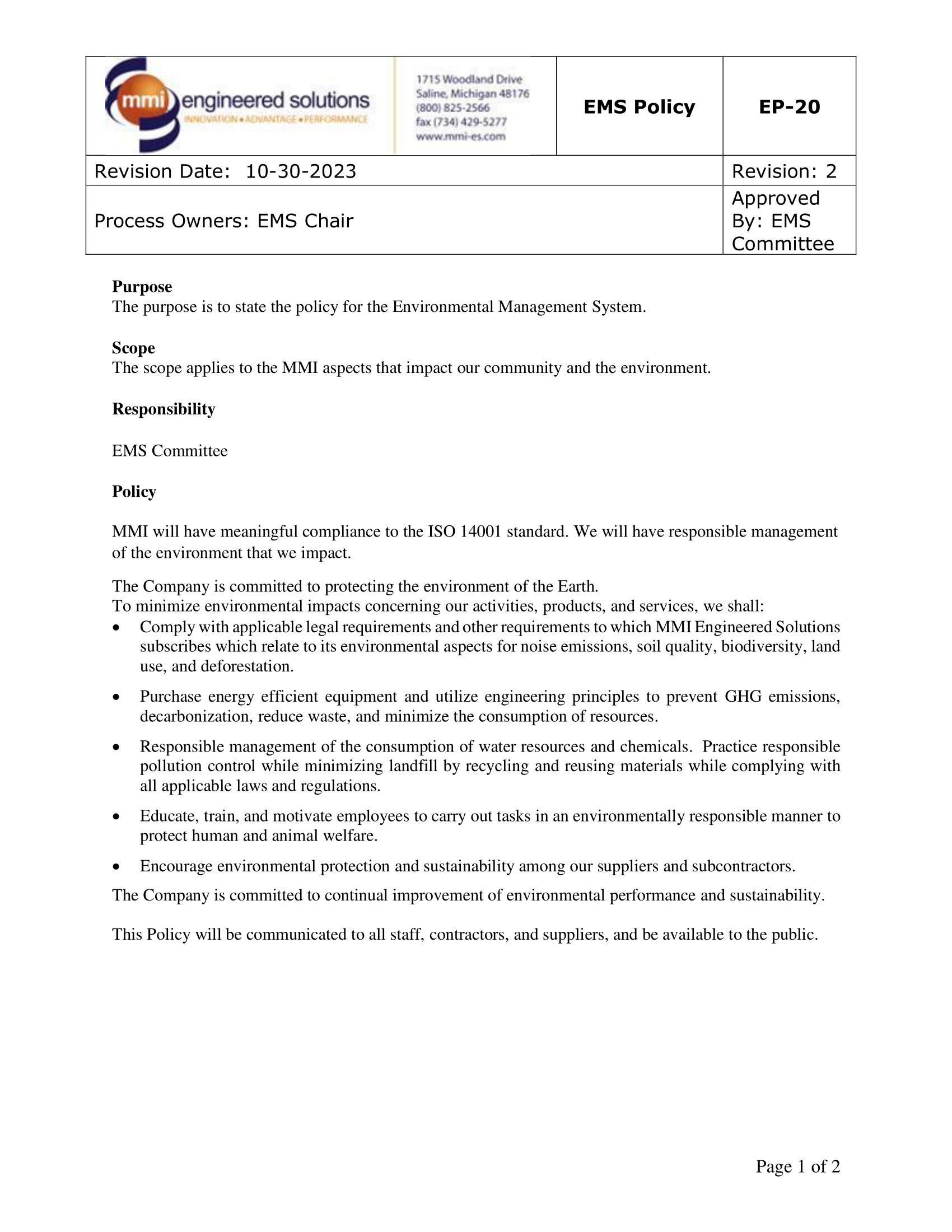 MMI Policy for Environmental Management System (EMS)